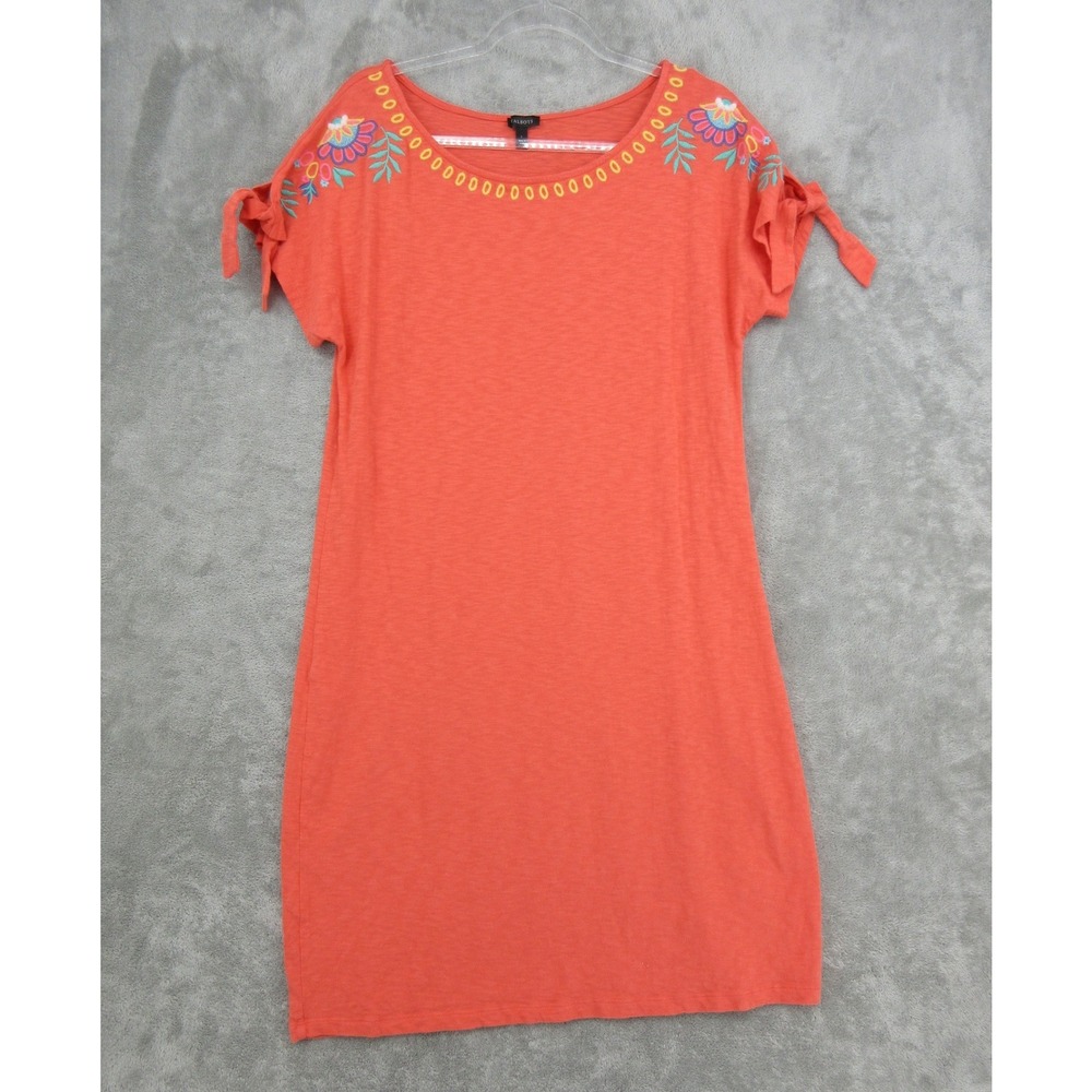 Talbots Dress Womenss Size L Orange Floral Embroidered Tie Sleeve Slub Knit Boho